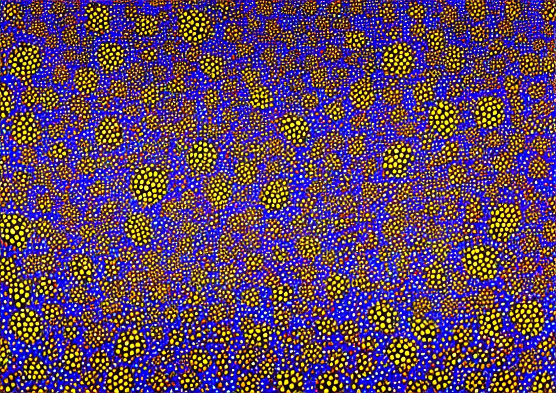 Image similar to Yayoi Kusama. Room with mirrors and colorful dots, a japanese woman with a blue dress standing inside. Ultra detailed. Hyperrealistic