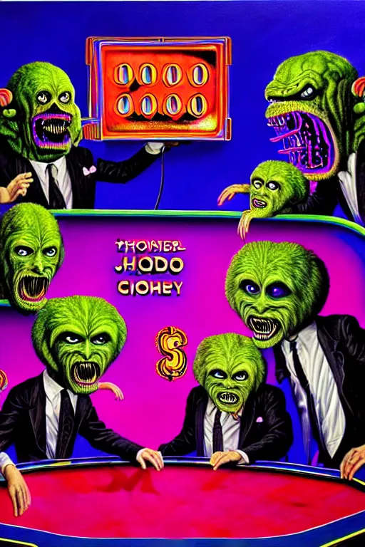 Image similar to a hyperrealistic painting of a trippy gameshow announcer with a panel of monsters playing jeopardy. cinematic horror by jimmy alonzo, the art of skinner, chris cunningham, lisa frank, richard corben, highly detailed, vivid color,