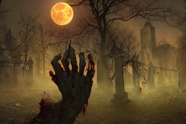 Image similar to an ultra detailed animation of a zombie hand in a graveyard at midnight on halloween, digital art, dark fantasy, concept art, soulslike, by alphonse mucha, blood moon eclipse, ruined building in the background, artstation, 8 k, unreal engine render