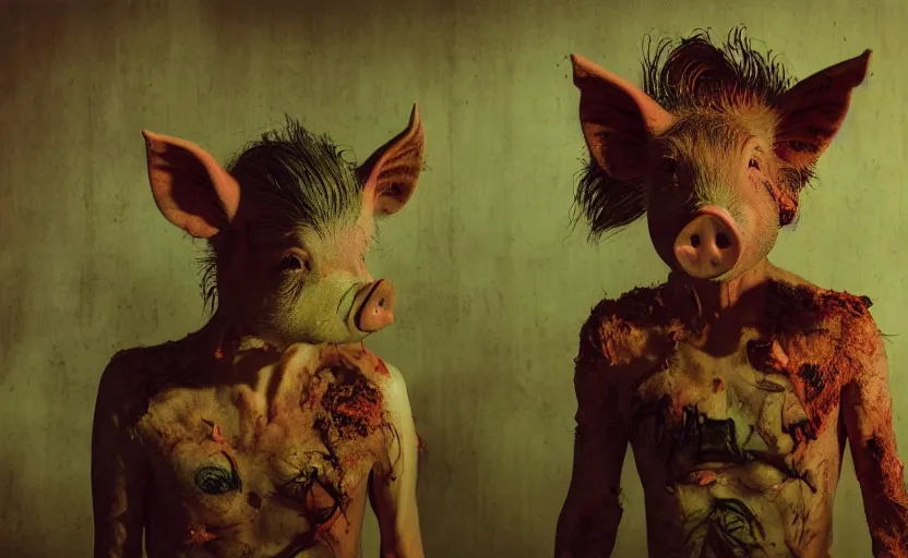 Image similar to 3 5 mm color, pig farm, portrait, fashion, freak show, weird, random, strange, hyperdetailed, photorealistic, interesting, david lachapelle, karol bak, cronenberg, weta digital, beksinski, zawadzki, id magazine, octane, cinematic, hyperrealism, 8 k, depth of field, bokeh.