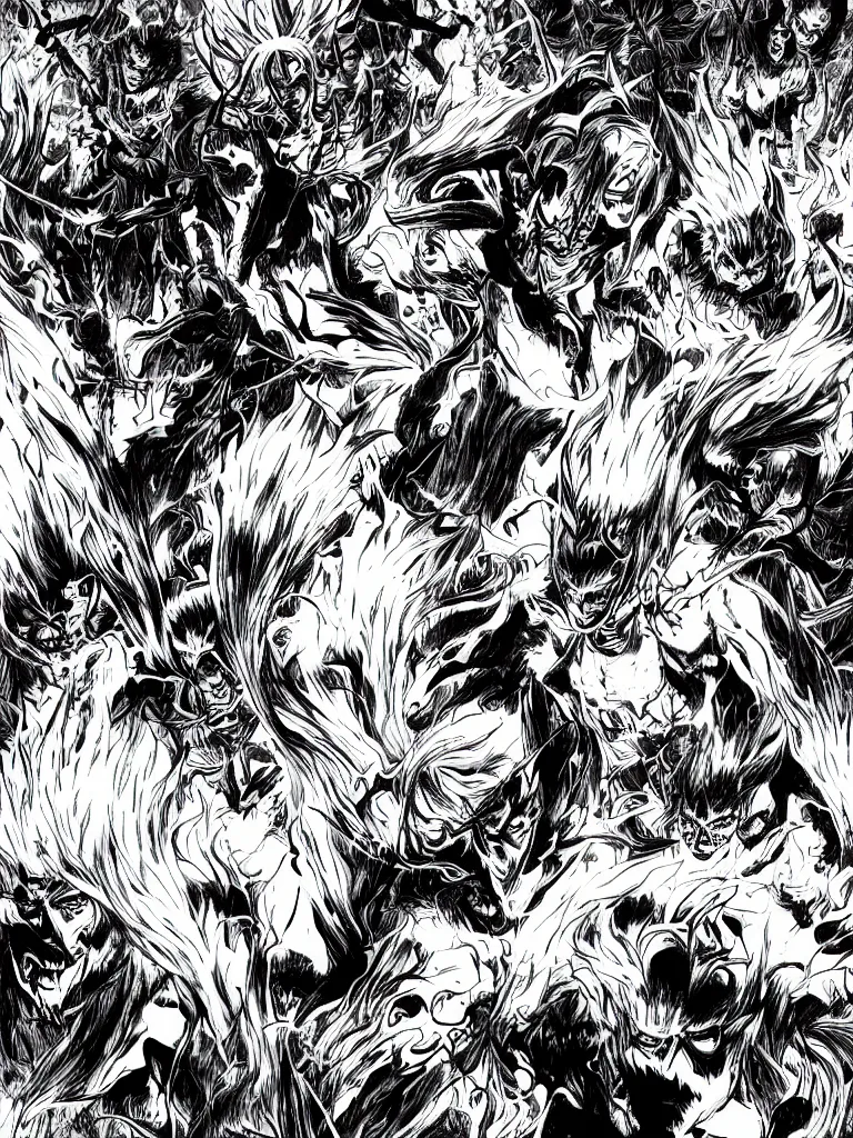 Image similar to field on fire, demons attacking humans, black and white, manga