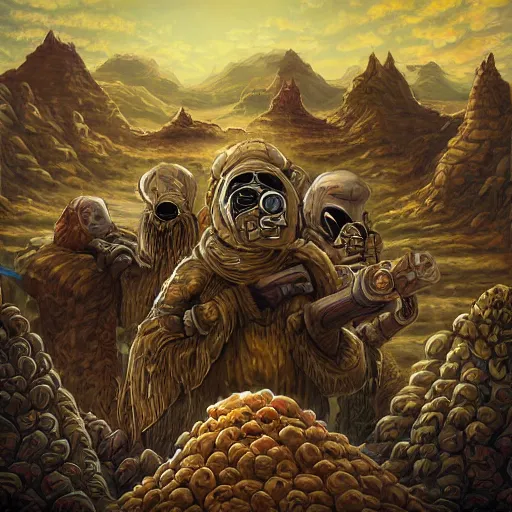 Image similar to several stoner merchants in robes with integrated bong gas mask appliances, trucking bales of herbs across an alien desert with camel-like creatures in tow. Album art by Arik Roper