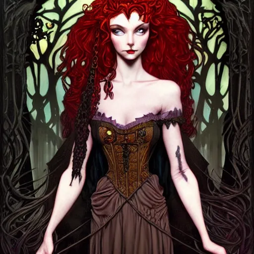 Image similar to a dark gothic version of Princess Merida, face, fantasy, intricate, elegant, highly detailed, digital painting, artstation, concept art, smooth, sharp focus, illustration, art by Gerald Brom and Jasmine Becket-Griffith and Fernanda Suarez and alphonse mucha