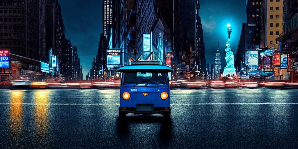 Image similar to an open frame blue tuk tuk going through a desolate manhattan city street at night, statue of liberty seen in the background, realistic 4 k octane beautifully detailed render, 4 k post - processing, highly detailed, detailed face, intricate complexity, epic composition, magical atmosphere, cinematic lighting, masterpiece, color picture, ultra hd
