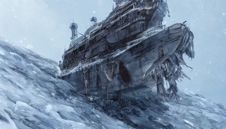 Image similar to abandoned ship in snowy mountains in a frozen planet, hyperdetailed, artstation, cgsociety, 8 k