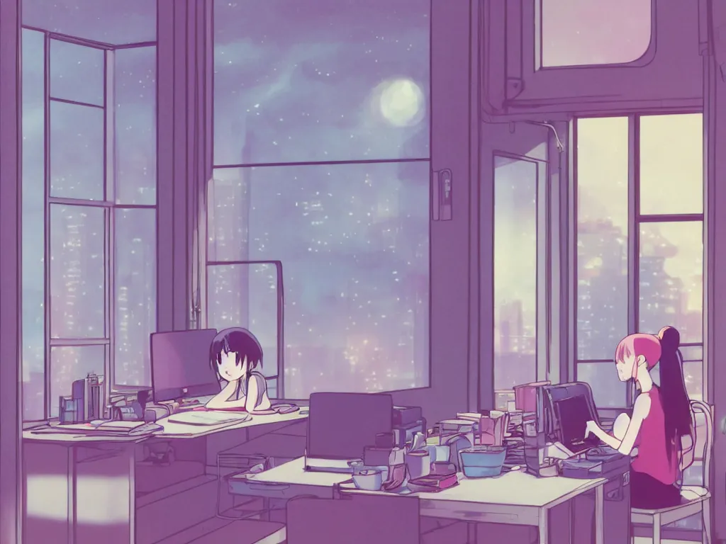 Prompt: beautiful illustration of a lonely female in her studio apartment sitting at her computer desk which is in front of a window which looks out to a futuristic city at night, japan, anime manga style, neon pastel, in the style of ghibli and hayao miyazaki and satoshi kon and shinichiro watanabe and makoto shinkai