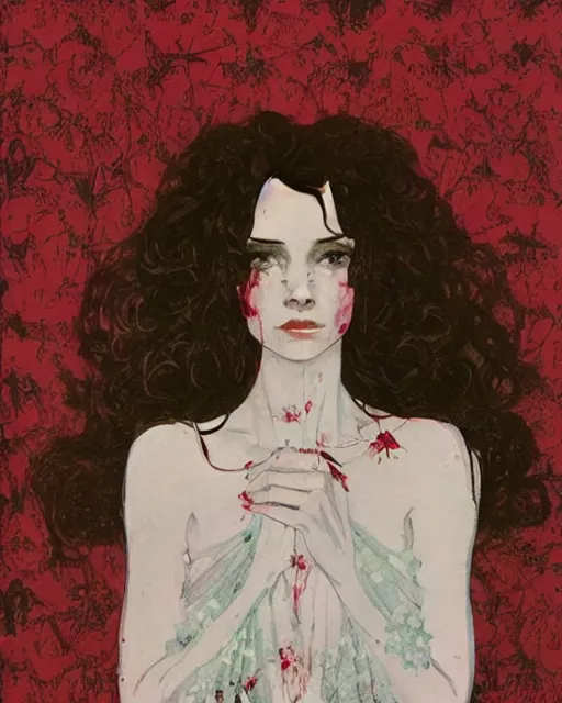 Image similar to a beautiful but sinister girl in layers of fear, with haunted eyes and curly hair, 1 9 7 0 s, seventies, floral wallpaper, delicate embellishments, a little blood, crimson, painterly, offset printing technique, by coby whitmore