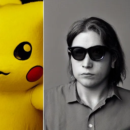 Image similar to pikachu from pokemon as a real human, portrait photography by annie leibovitz