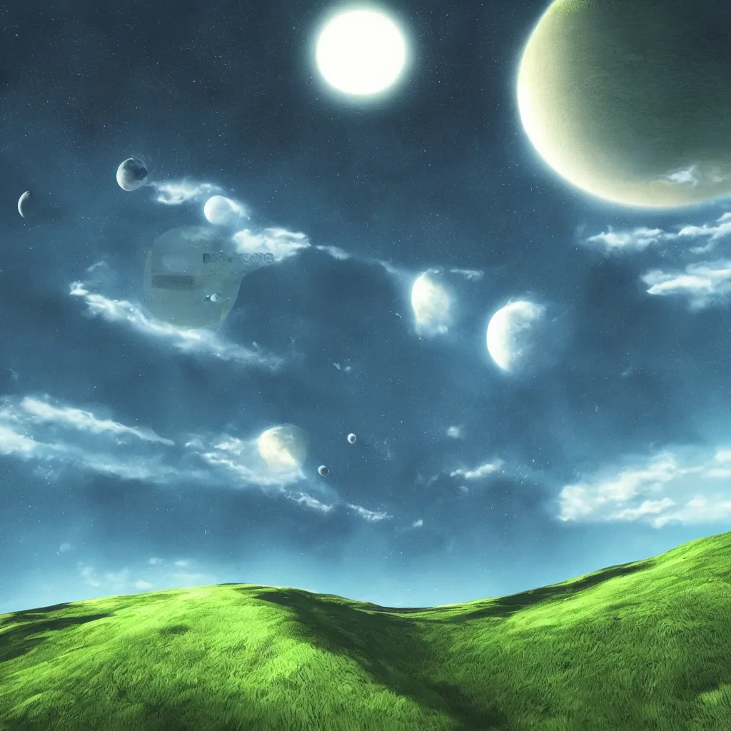 Prompt: “ slim spacehip hovering over a lush green and blue planet, clouds on surface, moons in background, very detailed, concept art ”