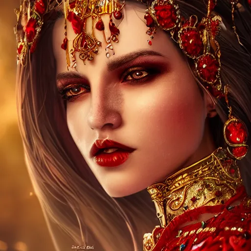 Image similar to wonderful princess with smooth fair skin, alluring eyes, red eyeshadow, red jewelry, breathtaking, elegant, intricate, ornate backdrop, hyper detailed, accent lighting, 4 k photography, octane render