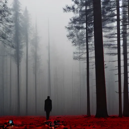 Prompt: a lonely man standing on a deserted planet, forestry, dreary, head down, smokey, mist, blur, red lighting, acrylic art,