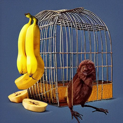 Image similar to an album cover about a cage with a banana inside it.