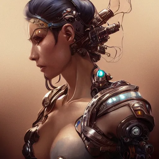 Image similar to side view of a cyborg woman, D&D, fantasy, intricate, elegant, highly detailed, digital painting, artstation, concept art, matte, sharp focus, illustration, hearthstone, art by Artgerm and Greg Rutkowski and Alphonse Mucha