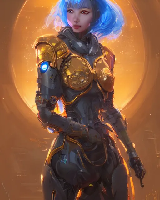 Image similar to holy cyborg girl with golden armor, elegant, scifi, futuristic, utopia, garden, colorful, lee ji - eun, illustration, atmosphere, top lighting, blue eyes, focused, artstation, highly detailed, art by yuhong ding and chengwei pan and serafleur and ina wong