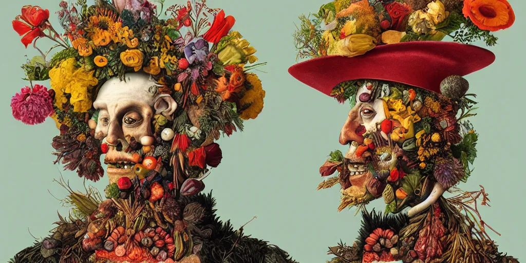 Image similar to an album cover of a man with a strange hat on his head by Arcimboldo, behance contest winner, award winning, masterpiece, pop surrealism, made of flowers, surrealist-H 1024