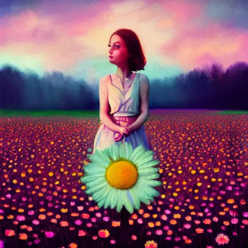 Prompt: daisy flower for a face, girl walking in flower field, holding daisy, surreal photography, sunrise, impressionist painting, colorful clouds, digital painting, artstation, simon stalenhag, flower face