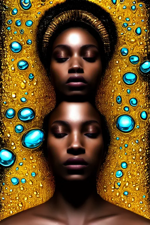 Image similar to hyperrealistic precisionist cinematic profile very expressive! black oshun goddess, ophelia in water!, mirror dripping droplet!, gold flowers, highly detailed face, digital art masterpiece, smooth eric zener cam de leon, dramatic pearlescent turquoise light on one side, low angle uhd 8 k, shallow depth of field