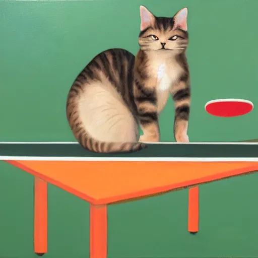 Image similar to Two cats playing ping pong on orange background, oil painting