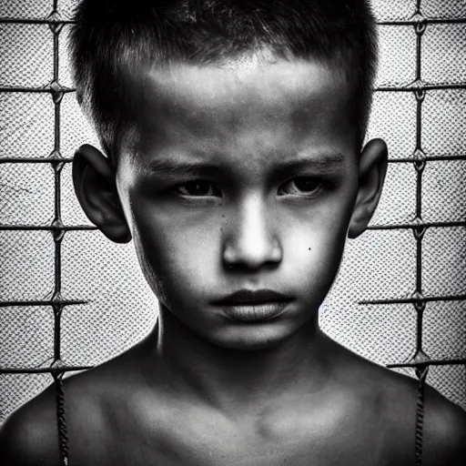 Image similar to a dramatic shot of a boy in prison