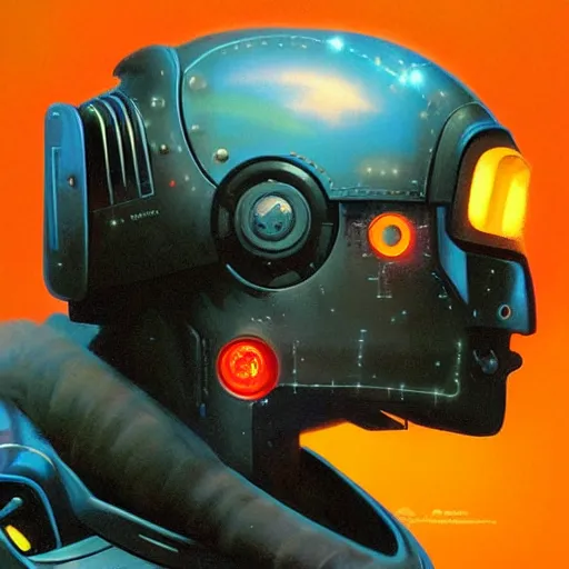 Image similar to a dark and colorful close - up side profile portrait of a sci - fi mecha robot with led lights glowing fog in the background. highly detailed science fiction painting by norman rockwell, frank frazetta, and syd mead. rich colors, high contrast, gloomy atmosphere, dark background. trending on artstation