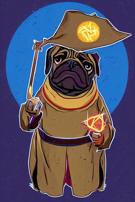 Image similar to Portrait of a pug that is a wizard casting a spell , wizard, medieval, sticker, colorful, casting epic spell, magic the gathering artwork, D&D, fantasy, artstation, heroic pose, illustration, highly detailed, simple, smooth and clean vector curves, no jagged lines, vector art, smooth