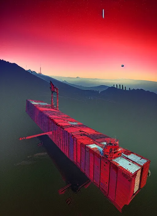 Image similar to no man's sky freighter over forte belvedere, red and blue hour, by ismail inceoglu