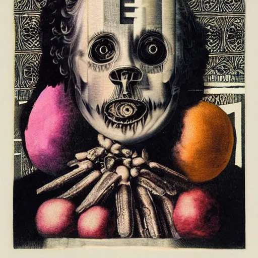 Image similar to post - punk album cover, asymmetrical design, off white frame around, dollar bank note, new age, apocalypse, psychedelic, black white pink, magic, giger h. r., giuseppe arcimboldo