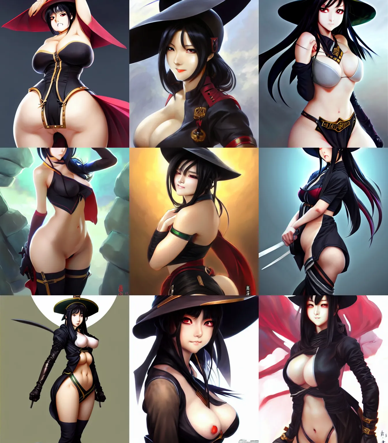 Prompt: rogue anime girl Hu Tao from Gensin Impact, pear slim figure, thicc thighs, black hair and attractive features, hat, dungeons and dragons portrait, seductive smile, highly detailed, digital painting, artstation, concept art, sharp focus, illustration, art by artgerm and greg rutkowski and alphonse mucha