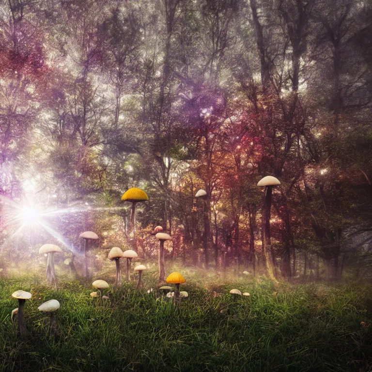 Image similar to a planet of various fungus like trees, mushrooms, flowers and plants, artistic photography, conceptual, long exposure outside the city, volumetric light