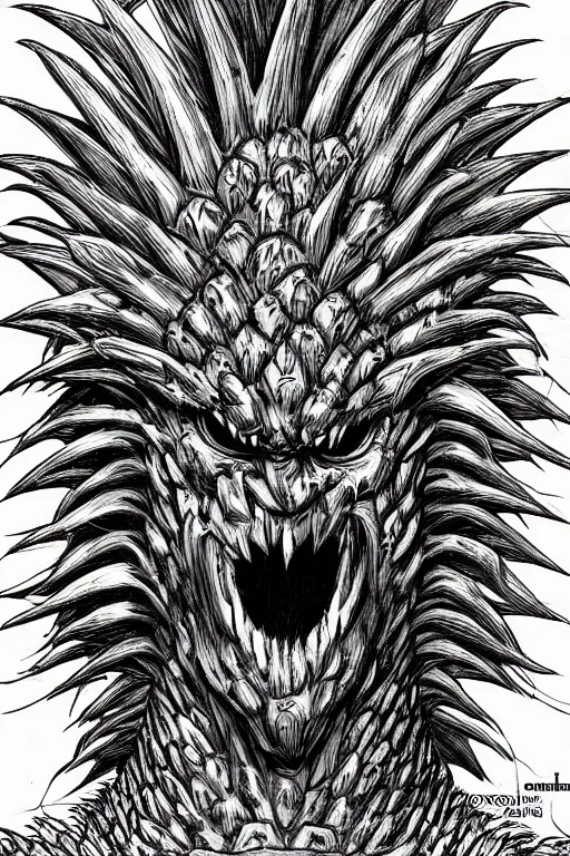 Image similar to screeching pineapple humanoid figure monster wearing themed armour, symmetrical, highly detailed, digital art, sharp focus, trending on art station, kentaro miura manga art style