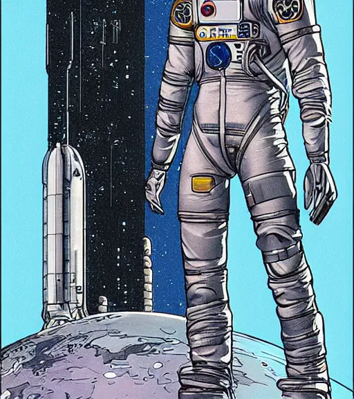 Image similar to cyberpunk astronaut with long limbs on a spacewalk outside of their ship, techwear, Industrial Scifi, detailed illustration, character portrait, by Martin Grip and Moebius