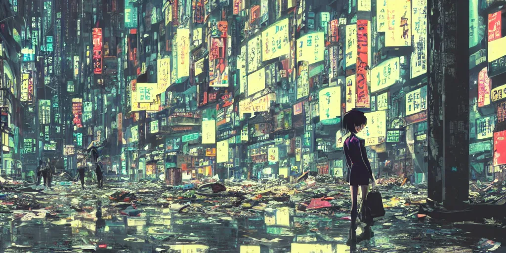 Image similar to incredible wide screenshot, ultrawide, paper texture, katsuhiro otomo ghost in the shell movie scene, backlit distant shot girl in a park, dark wet road, black parasol in deserted trash pile night shinjuku junk town, broken vending machines, smashed wall, bold graffiti, black road, reflection puddles, dark vignette