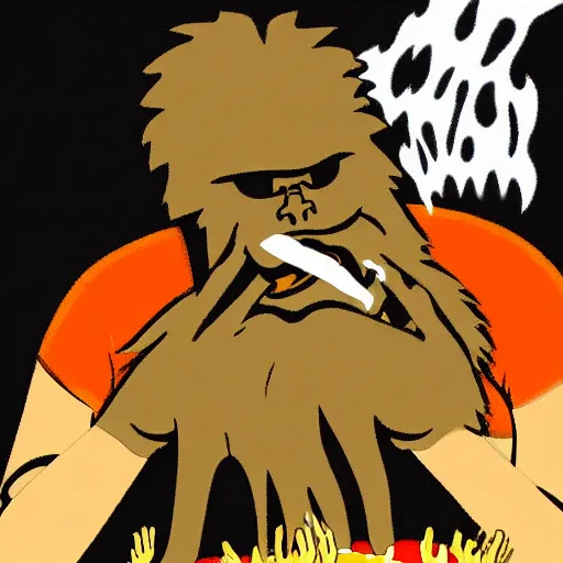 Image similar to bigfoot smoking weed while eating a pizza