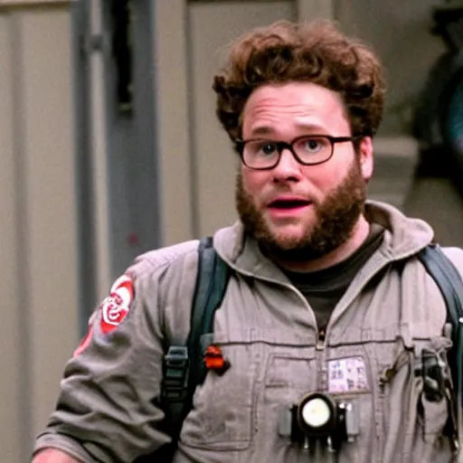 Image similar to Seth Rogen as a Ghostbuster in the movie Ghostbusters