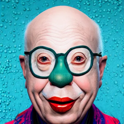 Image similar to uhd photorealistic portrait of cosmic clown made of bugs, in the image of klaus schwab, wearing authentic clown costume and real bizarre clown makeup, correct face, accurate faces, intricate details, intricate cllown makeup