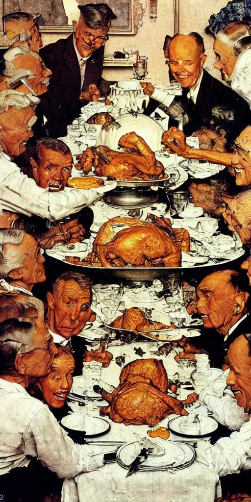 Image similar to the mars rover eating thanksgiving dinner at the head of the table norman rockwell painting