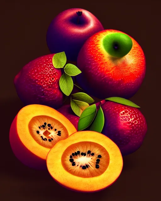 Image similar to fruits | | artgerm, deviantart, realistic, dramatic shadowing, 8 k, hd, octane render, perfect