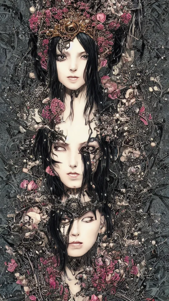 Image similar to cyberpunk fashion a beautiful black haired woman with pale skin and a crown on her head sitted on an intricate metal throne skin wrapped in flowers and wired, vintage style, by yoichi hatakenaka, masamune shirow, josan gonzales and dan mumford, ayami kojima, takato yamamoto, barclay shaw, karol bak, yukito kishiro