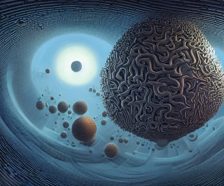 Image similar to hyper detailed 3d render like a Oil painting - a dyson sphere, futuristic science fiction vibe, by Jacek Yerka, Mariusz Lewandowski, Houdini algorithmic generative render, Abstract brush strokes, Masterpiece, Edward Hopper and James Gilleard, Zdzislaw Beksinski, Mark Ryden, Wolfgang Lettl, hints of Yayoi Kasuma, octane render, 8k, wide angle shot