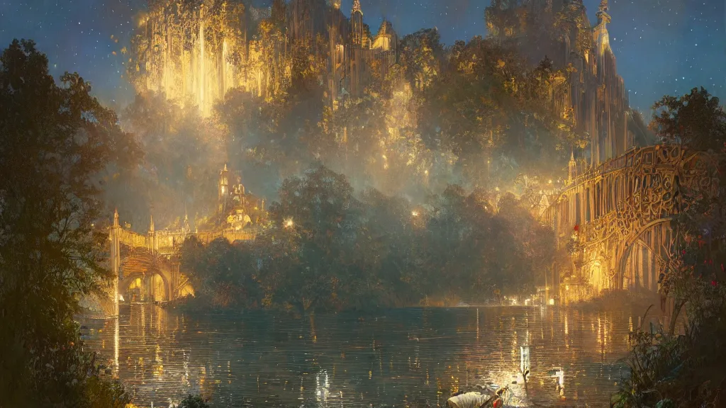 Image similar to a beautiful painting of rivendell, at night with a sky full of stars and fireworks, intricate, elegant, highly detailed, digital painting, artstation, concept art, by krenz cushart and artem demura and alphonse mucha