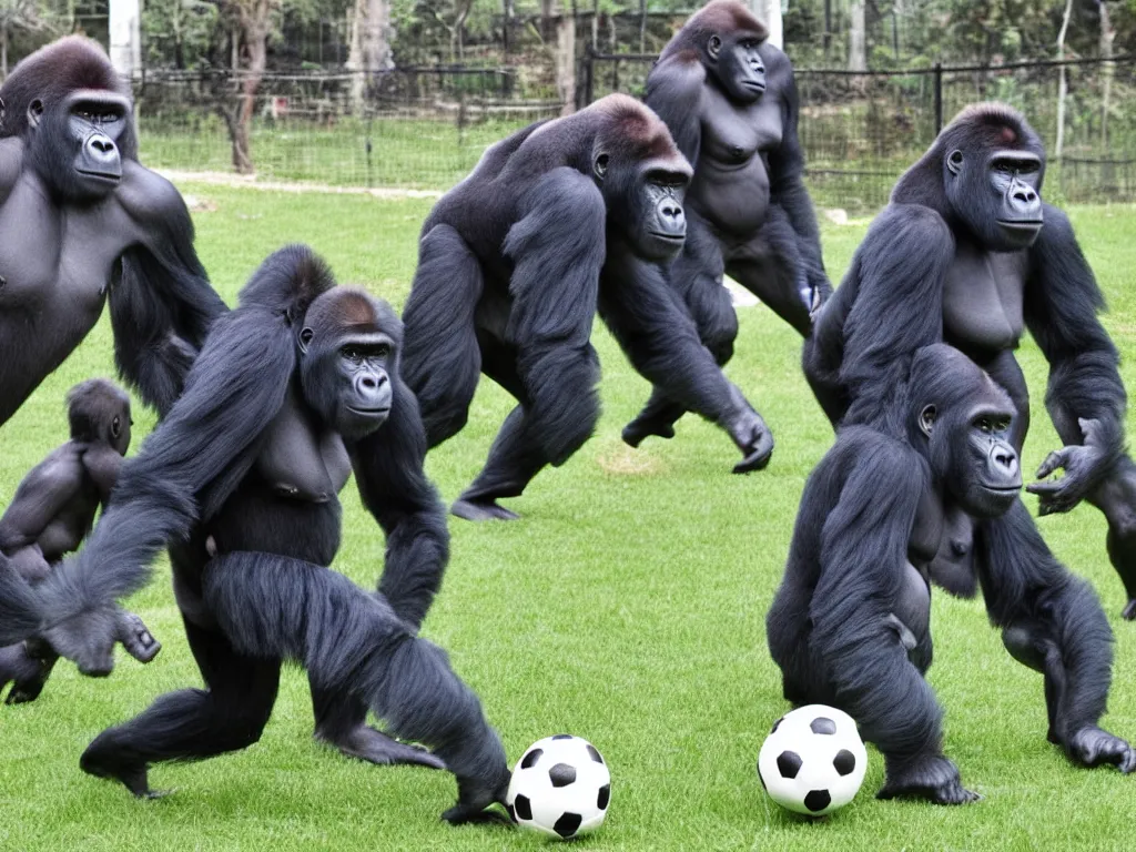 Image similar to gorilla playin soccer, vivid