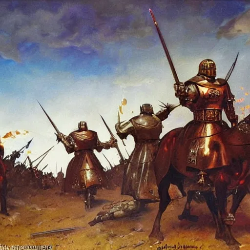 Prompt: a beautiful oil painting of medieval soldiers in shiny armors on a battlefield, by Frank Frazetta