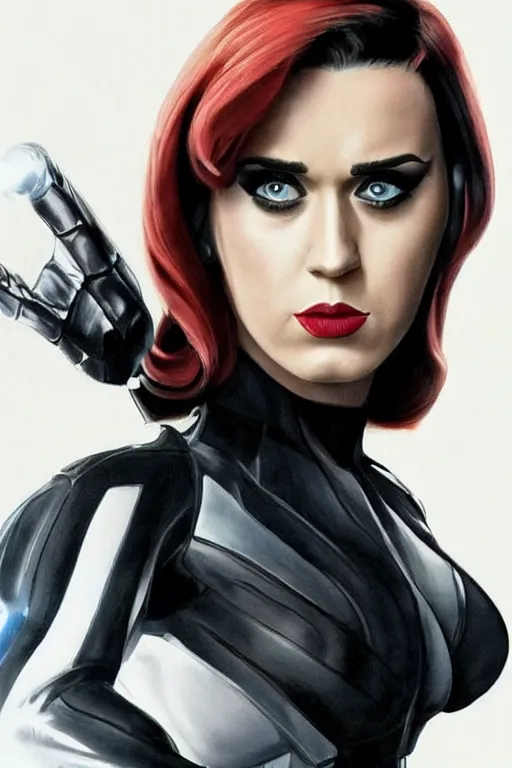 Image similar to katy perry as black widow in the avengers, portrait realistic photograph, very detailed face