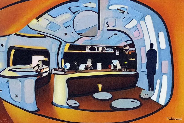 Image similar to coffee shop in a spaceship by robert theodore mccall