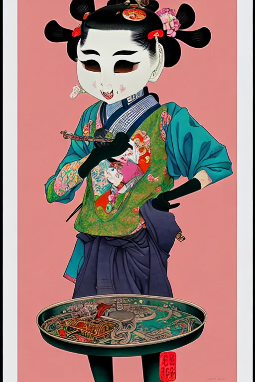 Image similar to full view, from a distance, of anthropomorphic trashcan from the qing dynasty, style of yoshii chie and hikari shimoda and martine johanna, highly detailed