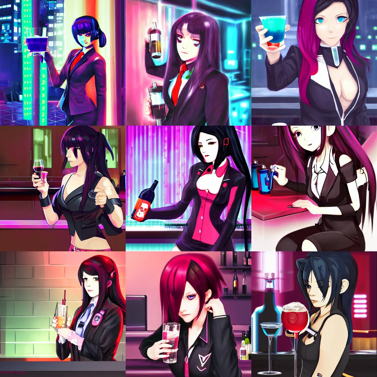 Prompt: Jill Stingray, VA-11 Hall-A, digital painting, cyberpunk, bartending, dark hair, suit, mixing drinks, by Tetsuya Nomura