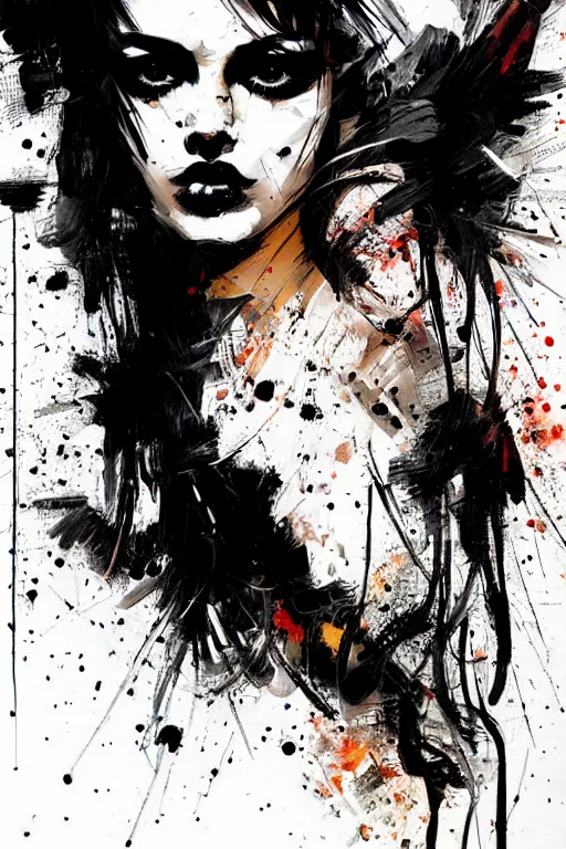 Prompt: painted illustration of a pretty girl in black ink by Russ Mills energetic brush strokes