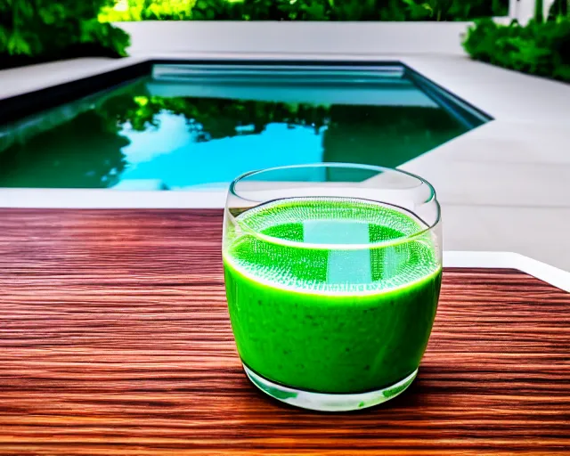 Prompt: 5 5 mm photo of glass of greenjuice on a zen minimalist round white table with gorgeous pool in the background. highly detailed 8 k. intricate. lifelike. soft light,