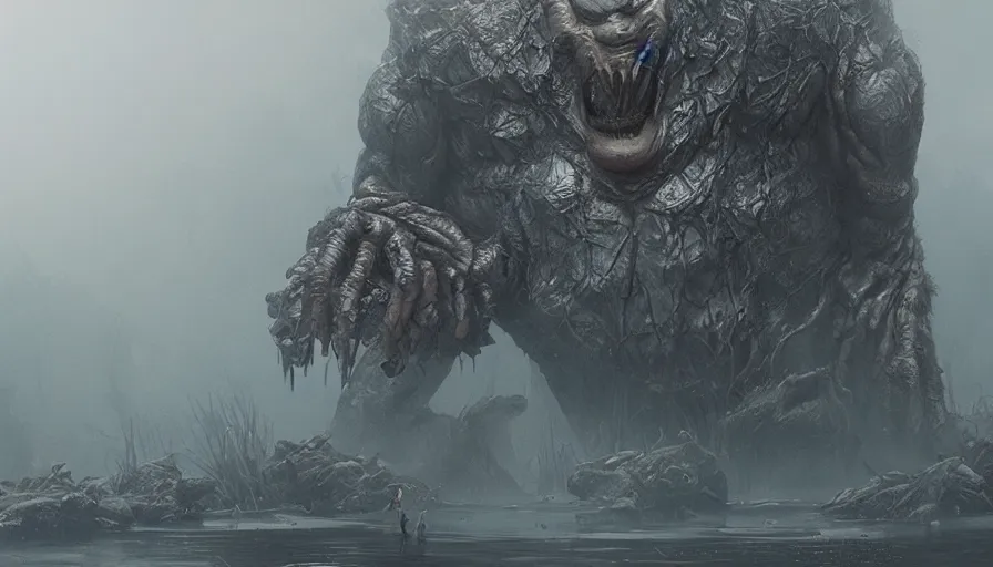 Prompt: Giant monster coming out of the swamp in the mist, hyperdetailed, artstation, cgsociety, 8k