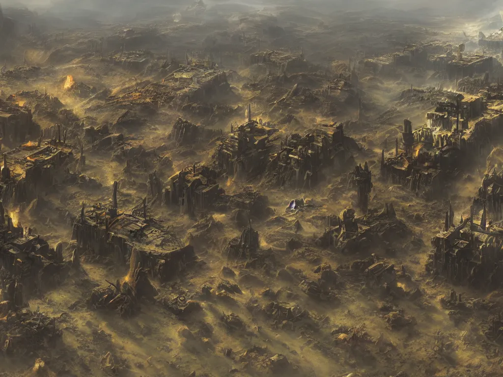 Prompt: Warhammer 40K, A matte painting of a realistic abandoned battlefield,featured on ArtStation, realistic colors,Super wide angle,viewed from very far away,Daytime,Flat roads,Geometrically realistic